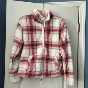 No Boundaries 1/4 zip warm and cozy fleece top with pockets, L, M, pink/cream